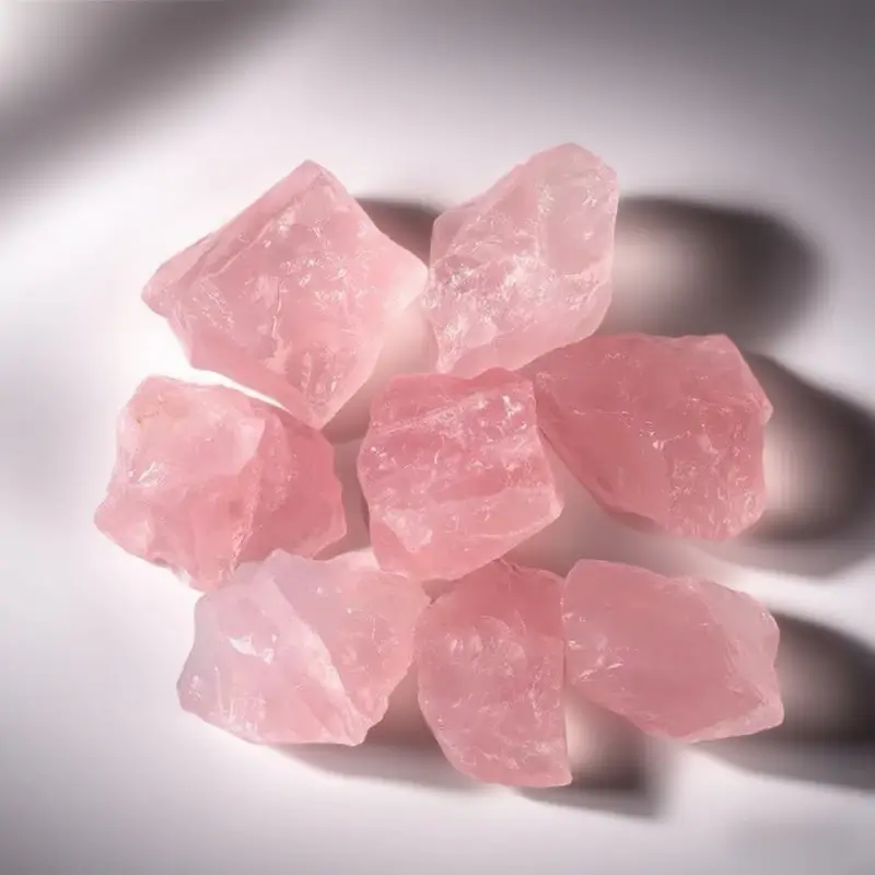 A close-up of ethically sourced Raw Rose Quartz Stones showcasing their soft, delicate pink hue and unique natural formations. Ideal for heart chakra healing, meditation practices, and adding a touch of bohemian elegance to home decor, these raw crystals radiate the energy of love and tranquility.