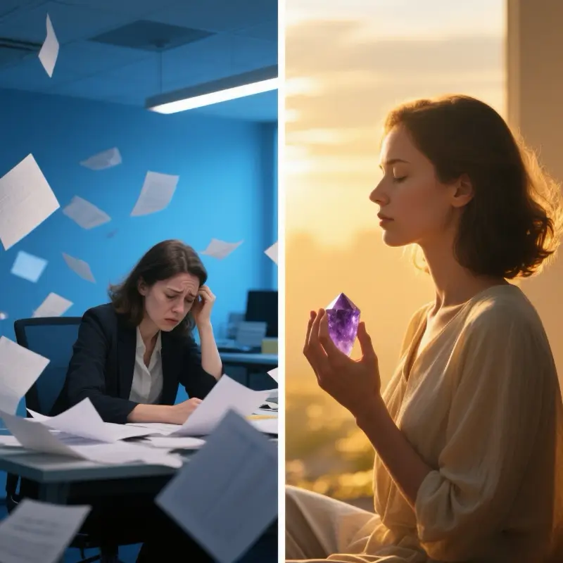 Before and after transformation using amethyst crystal for anxiety relief - from workplace stress to calm meditation