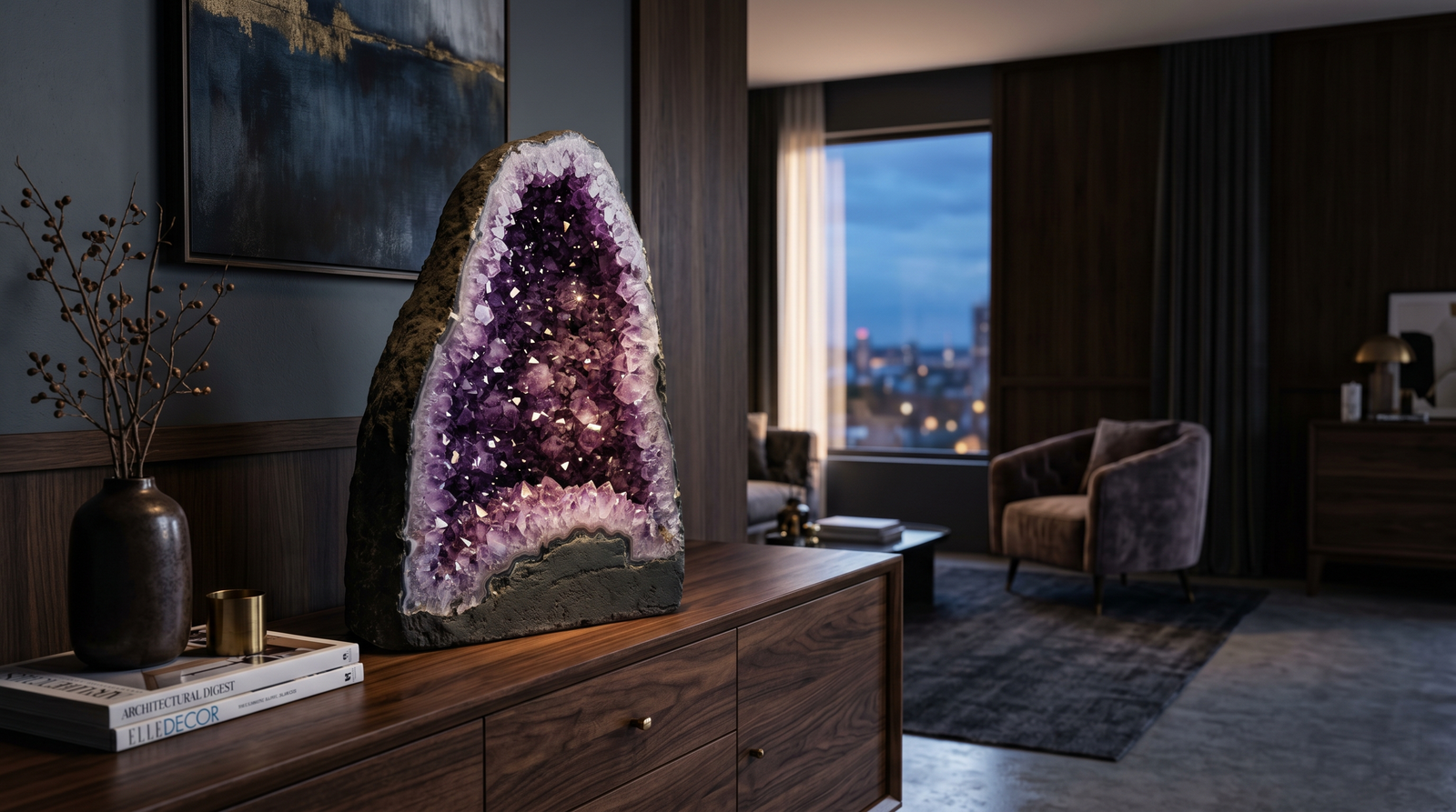 A large natural amethyst geode cave sitting on a wooden nightstand in a calm, modern bedroom for anxiety relief.