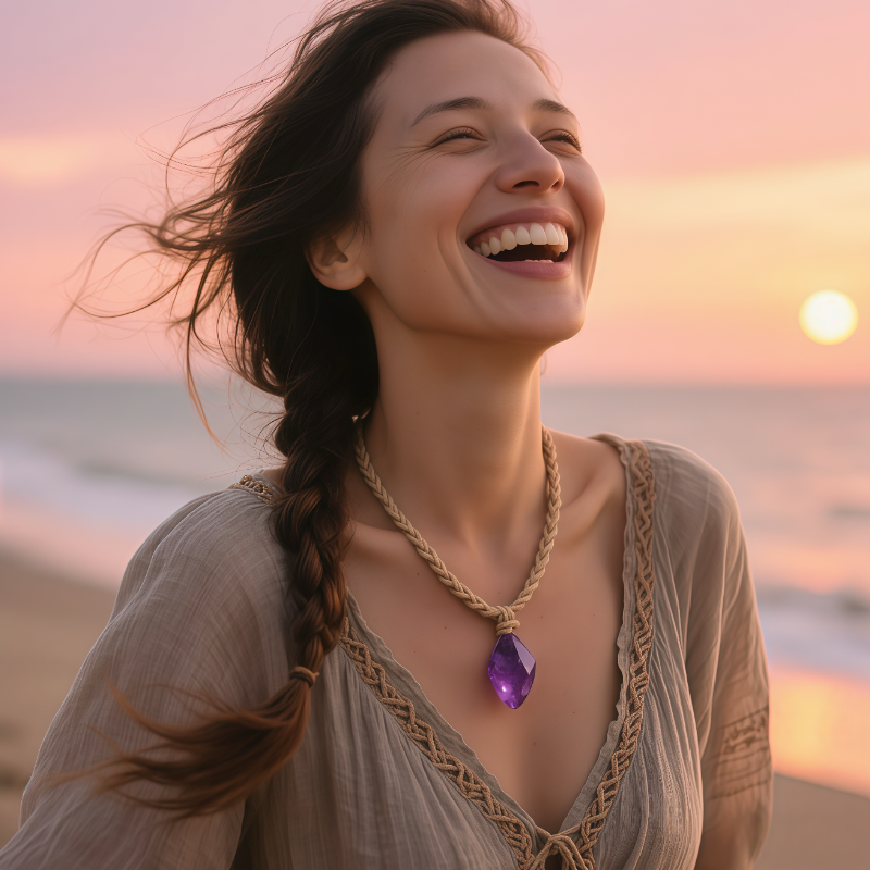 Handmade purple amethyst necklace with wax cord on woman laughing outdoors, natural crystal close-up
