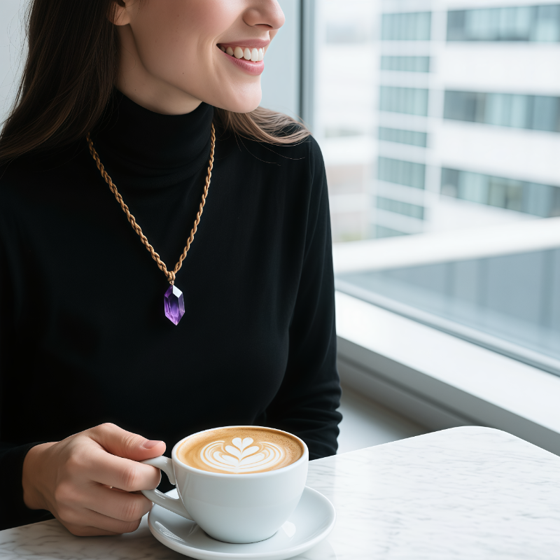 Handmade purple amethyst necklace with wax cord on woman laughing outdoors, natural crystal close-up