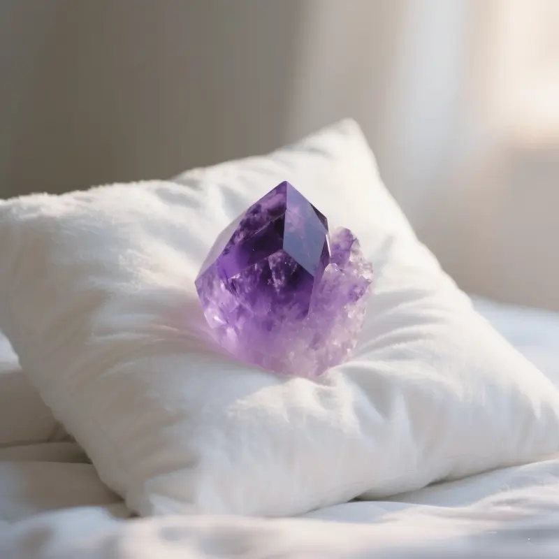 Amethyst crystal for anxiety relief on pillow