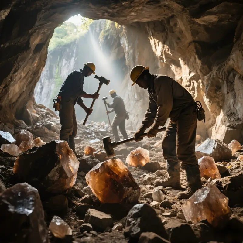 Miners extracting smoky quartz in Brazilian crystal mine cave, sunlight illuminating rocks and crystals.