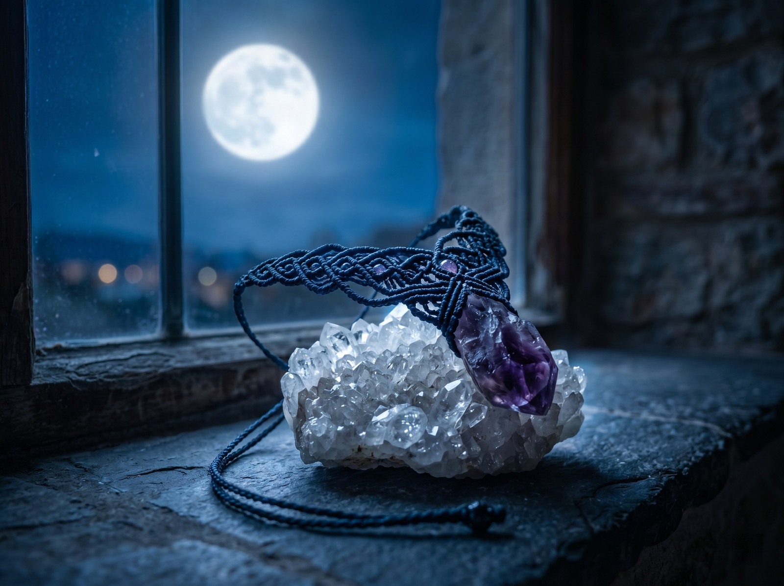 Amethyst woven necklace placed on a natural clear quartz raw cluster under night moonlight for energy purification.