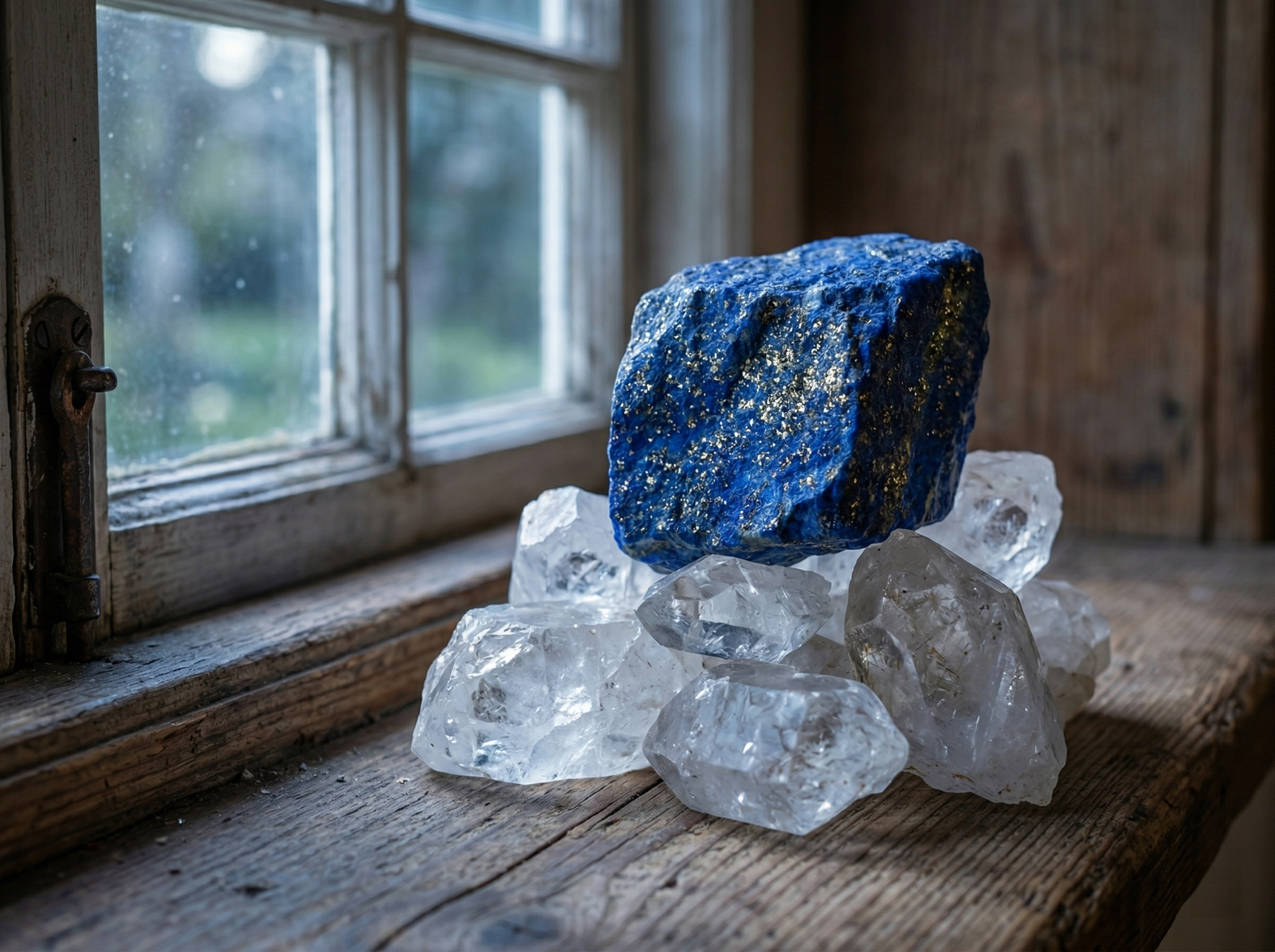 Cleansing raw Lapis Lazuli by placing it next to a Clear Quartz cluster under natural moonlight.