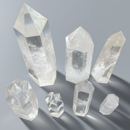Clear quartz crystal towers set with transparent, polished shapes—ideal for energy healing and modern decor