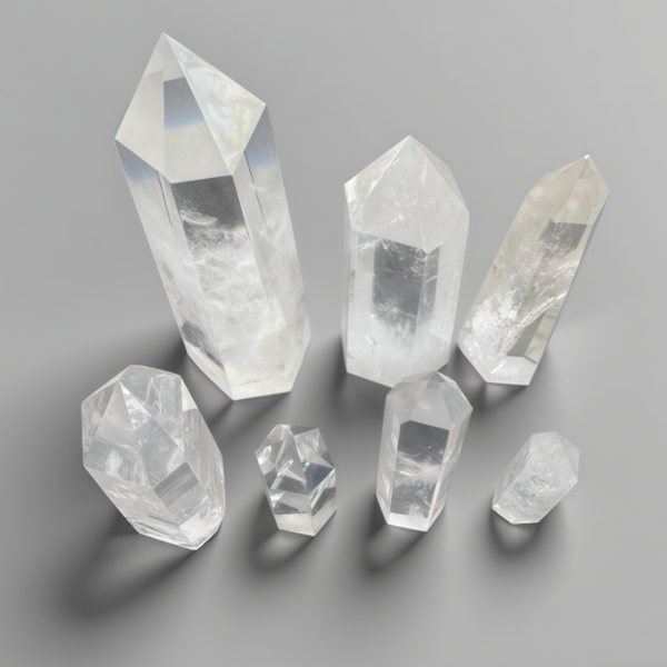 Clear quartz crystal towers set with transparent, polished shapes—ideal for energy healing and modern decor