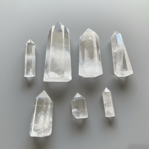 Clear quartz crystal towers set with transparent, polished shapes—ideal for energy healing and modern decor
