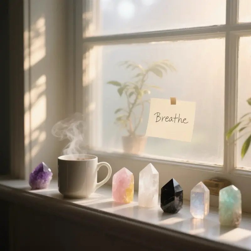 7 natural crystals for emotional healing arranged with coffee mug on sunny windowsill for daily stress relief practice