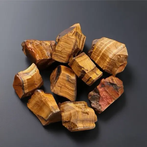 Close-up of ethically mined Tiger Eye Raw Stones showcasing their distinctive golden-brown bands and chatoyancy effect. Perfect for grounding energy, career success, and bohemian home decor.