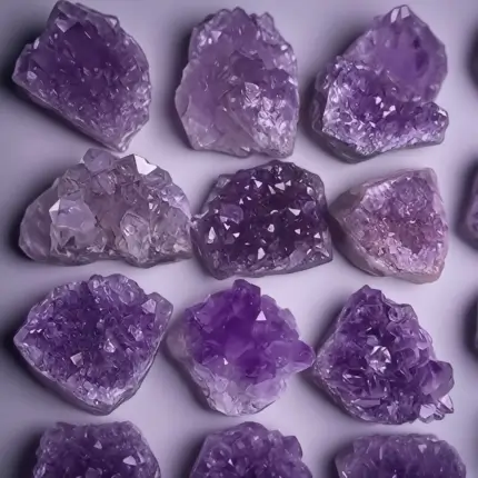 A close-up of ethically sourced Natural Amethyst Crystal Clusters showcasing rich purple shades and unique crystal formations. Ideal for energy healing, meditation, and as a captivating decor piece for home and office.