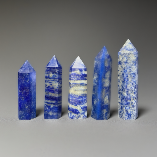 Exquisite lapis lazuli crystal tower with deep blue color and golden pyrite flecks, great for decor and spiritual practices