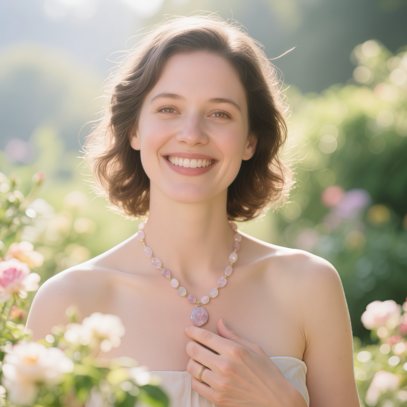 Woman using rose quartz necklace for heart chakra healing in nature