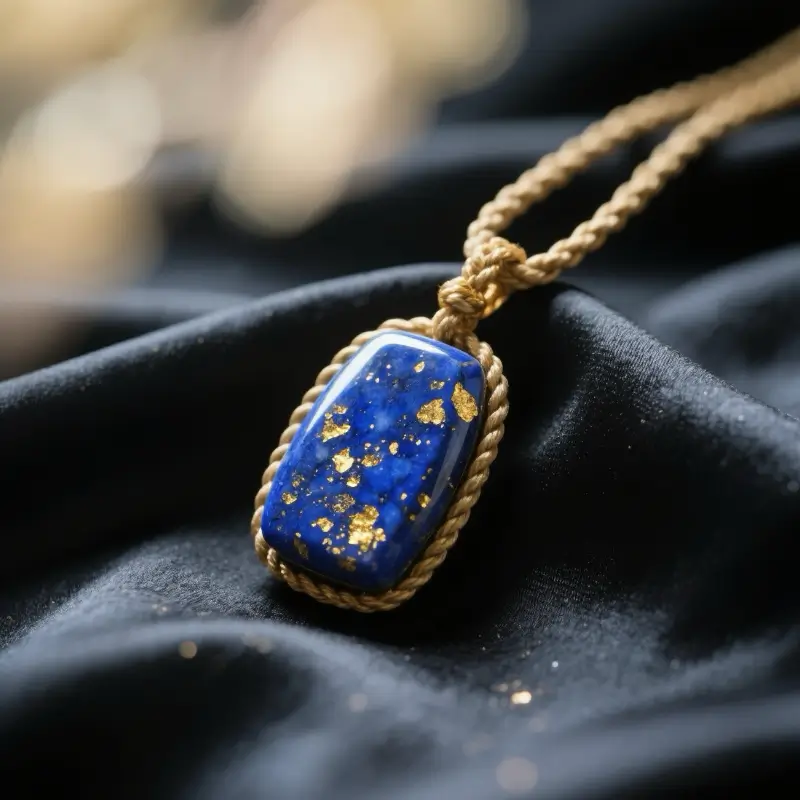 Luxury lapis lazuli pendant with golden pyrite sparks on velvet background