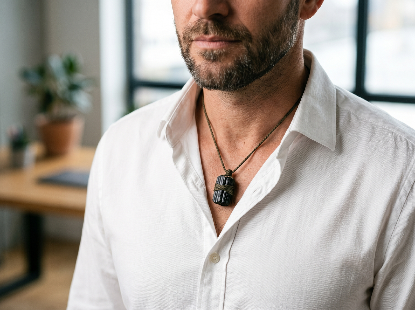 A professional man wearing a minimalist metal-free black tourmaline macrame necklace for grounding.