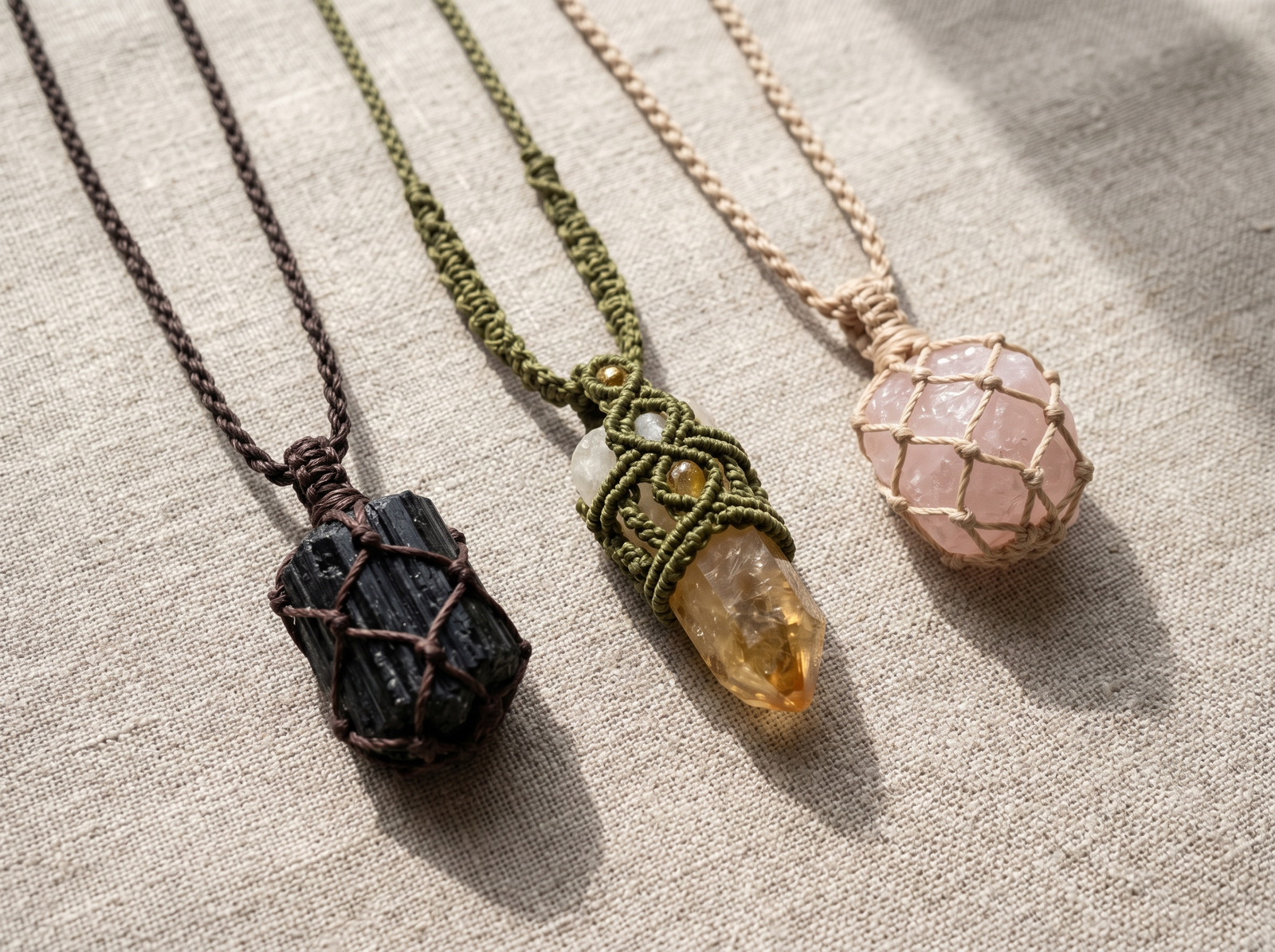 A collection of authentic metal-free macrame crystal necklaces including black tourmaline, citrine, and rose quartz.