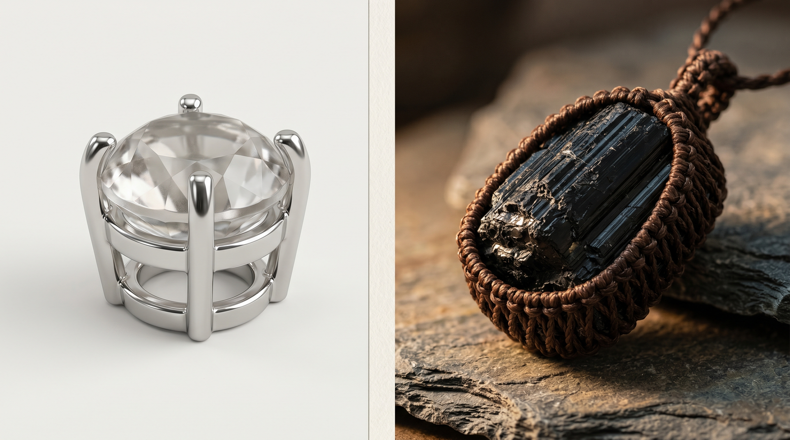 A visual comparison between commercial metal crystal settings and authentic metal-free artisan macrame jewelry.