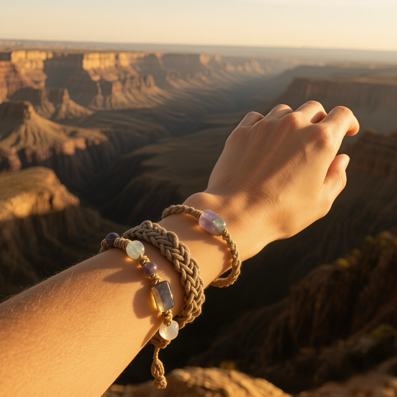 Boho crystal bracelet at Grand Canyon during sunset smoky quartz crystal