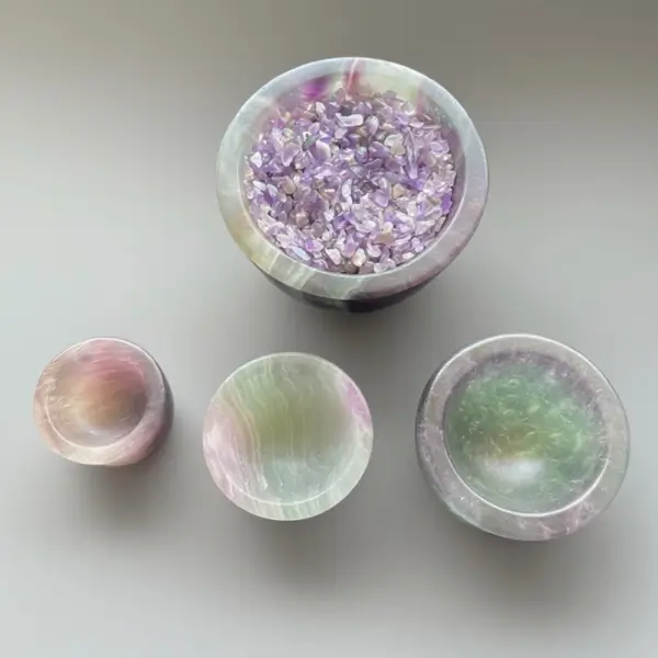 Natural amethyst crystal chips in agate bowl - healing gemstone decor set