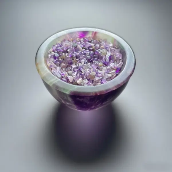 Natural amethyst crystal chips in agate bowl - healing gemstone decor set