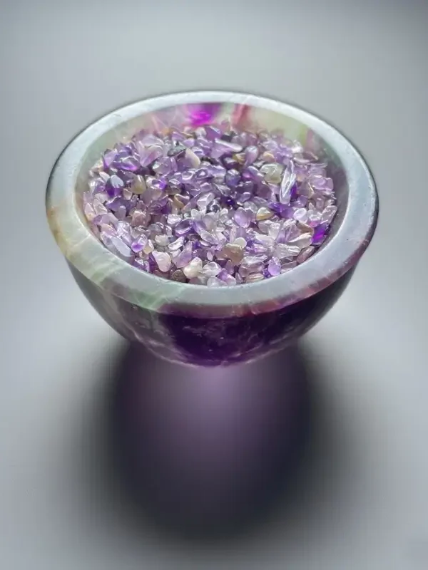 Natural amethyst crystal chips in agate bowl - healing gemstone decor set