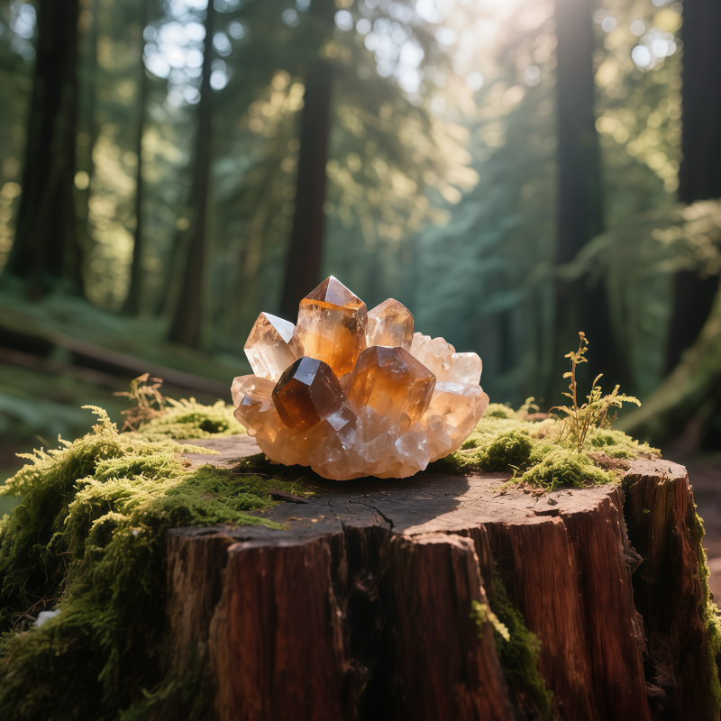 Natural smoky quartz cluster in Oregon forest lighting