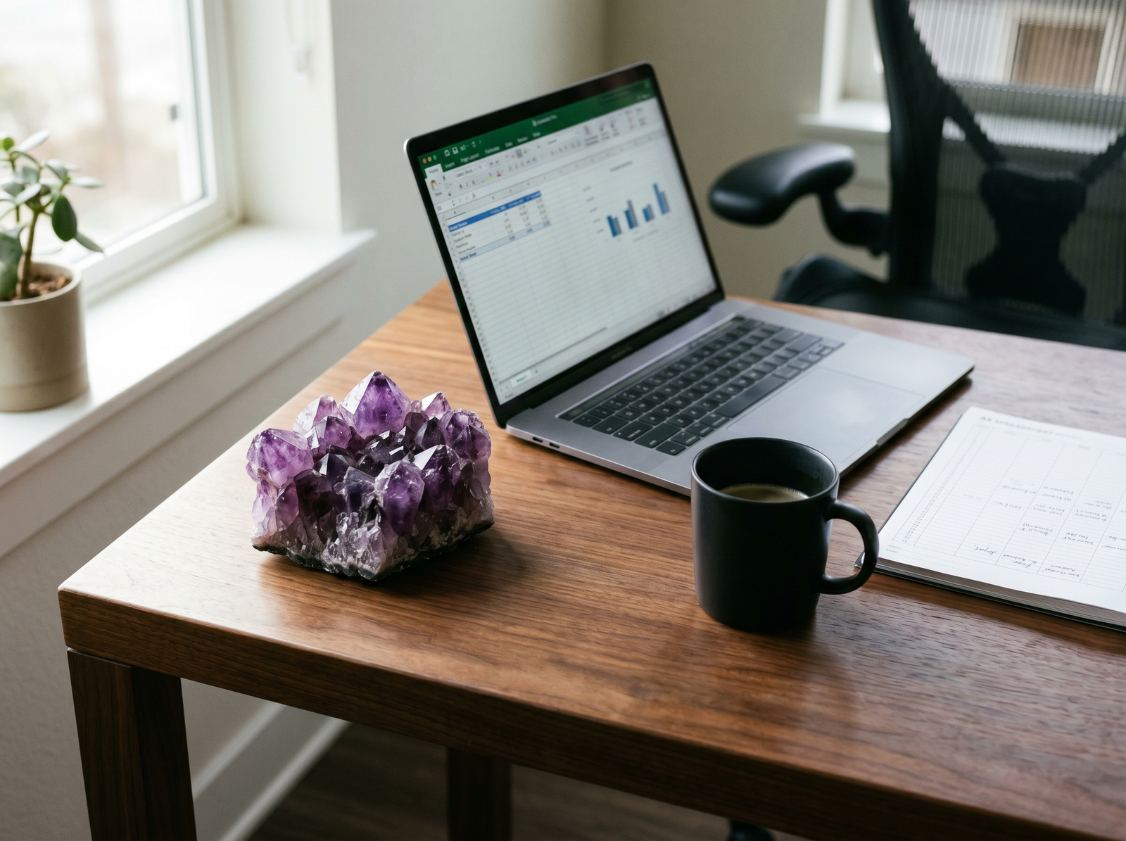 Raw amethyst crystal cluster on a modern minimalist desk next to a laptop for balancing home office energy.