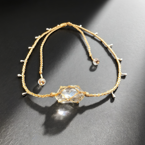 Handcrafted raw crystal macrame necklace with khaki cord and teardrop accents—perfect for summer linen outfits and bohemian US style