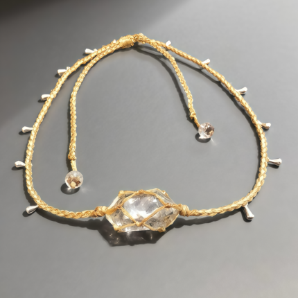 Handcrafted raw crystal macrame necklace with khaki cord and teardrop accents—perfect for summer linen outfits and bohemian US style