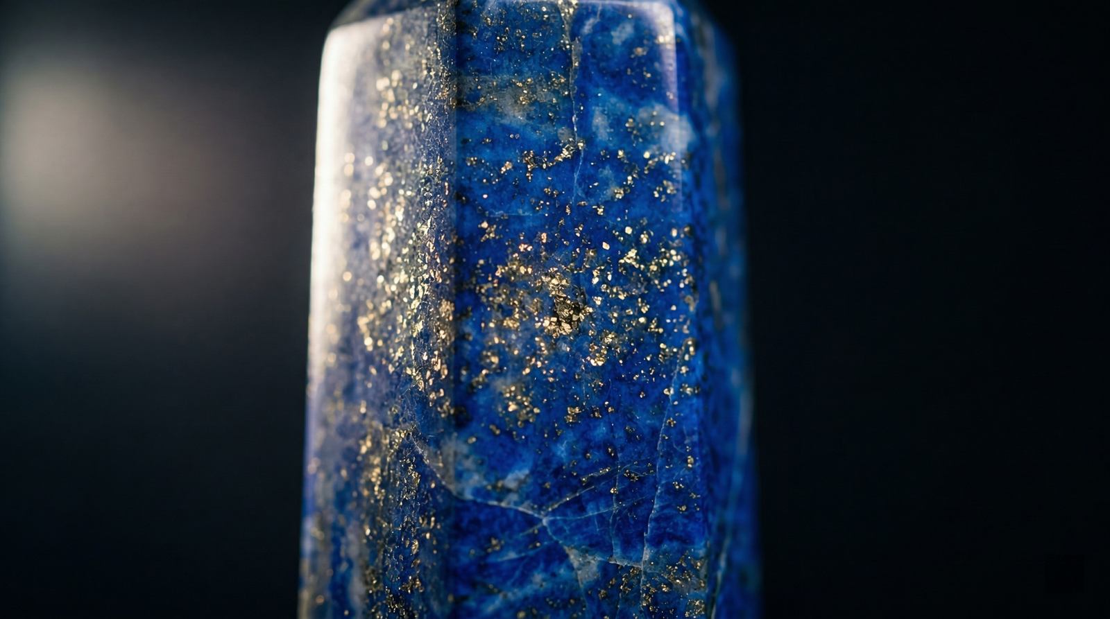 A high-quality polished Lapis Lazuli crystal pillar showing deep blue lazurite and golden pyrite stars.