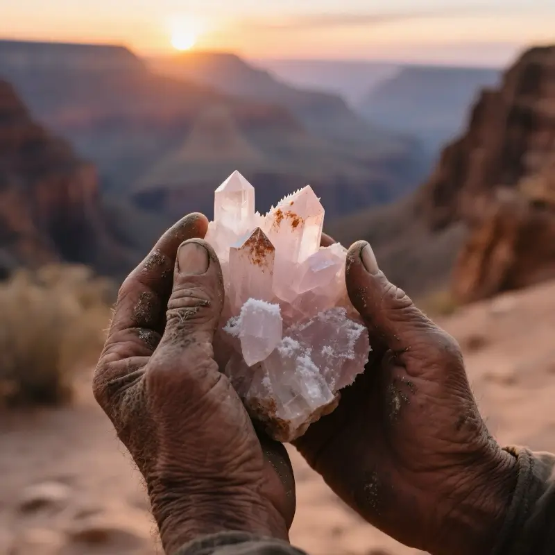 Weathered hands holding raw rose quartz cluster at Grand Canyon sunset, showing crystal texture and human-nature connection