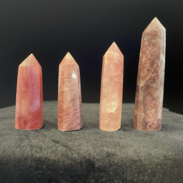 Rose quartz crystal towers set with soft pink hues, perfect for love and positive energy decor