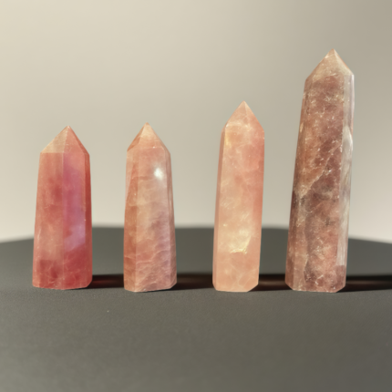 Rose quartz crystal towers set with soft pink hues, perfect for love and positive energy decor
