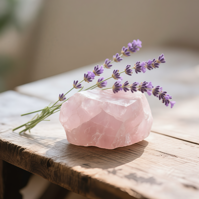 Natural rough rose quartz crystal with lavender on wood table promoting calm energy