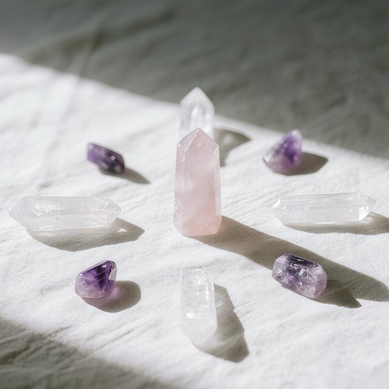 Spiritual quartz grid with rose quartz for energy amplification
