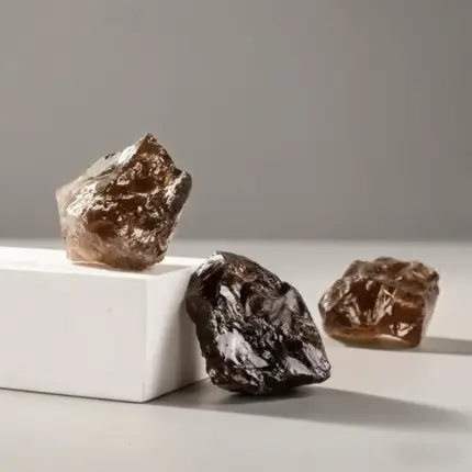 Light brown smoky quartz crystal in hexagonal prism shape on wooden display stand, showing natural growth patterns.