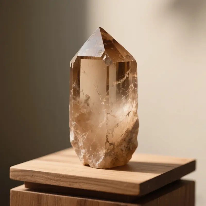 Light brown smoky quartz crystal in hexagonal prism shape on wooden display stand, showing natural growth patterns.