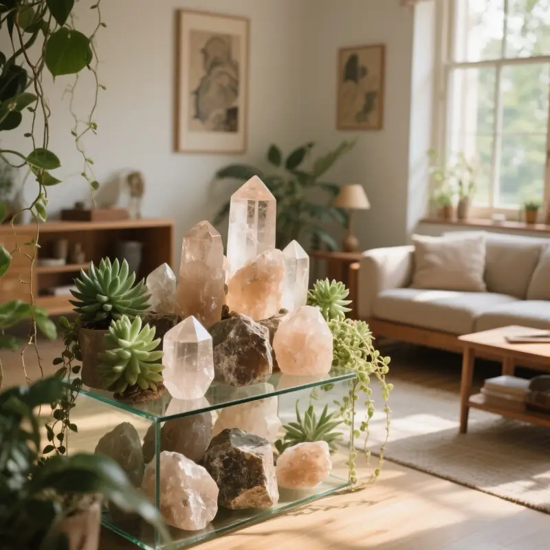 Stacked light brown smoky quartz on glass display with succulents in a cozy living room decor