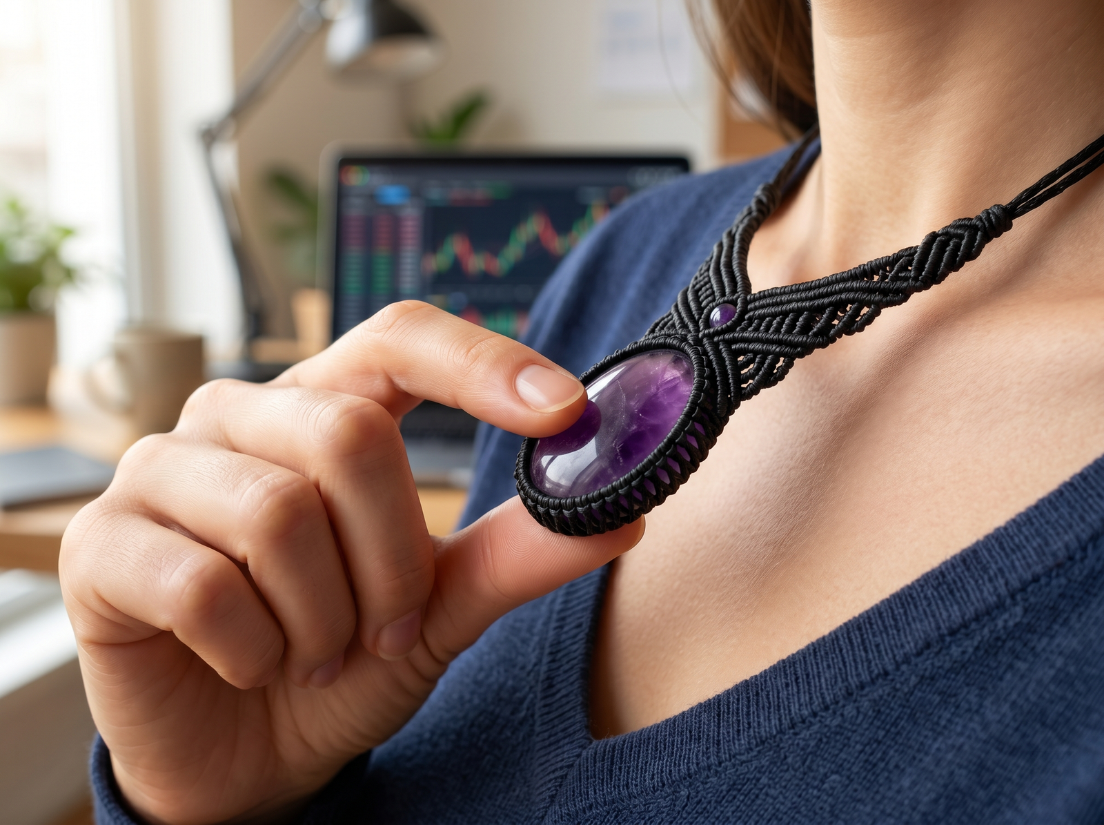 Close up of a young professional woman gently touching her polished amethyst macrame necklace to relieve stress during work.