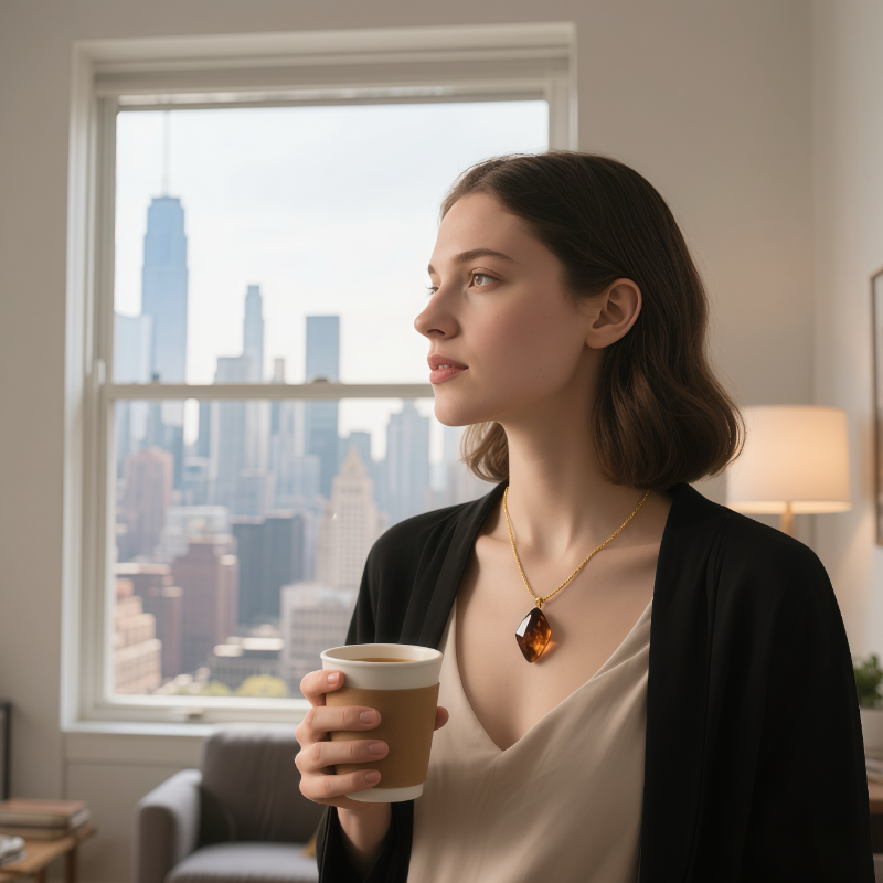 Young professional wearing smoky quartz necklace in city apartment crystal healing benefits