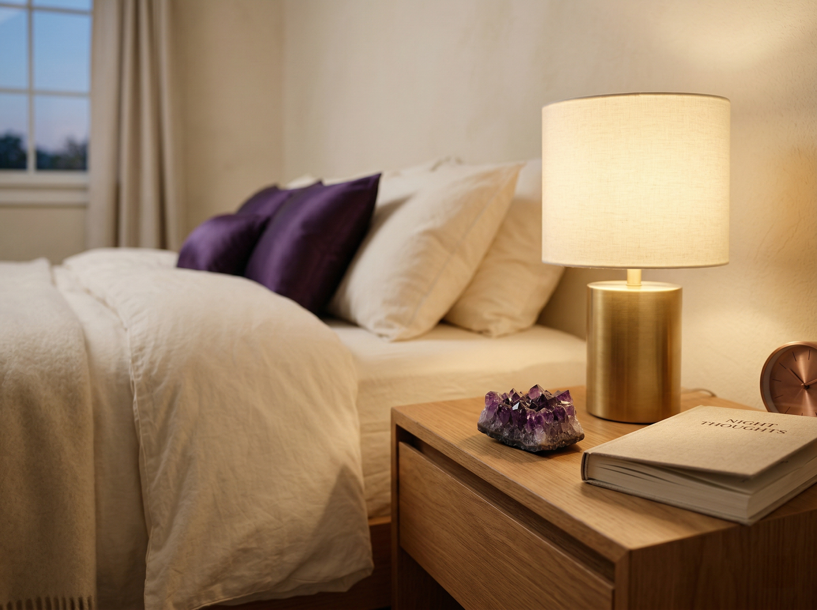 Small natural amethyst crystal cluster placed on a bedroom nightstand for calming sleep energy.
