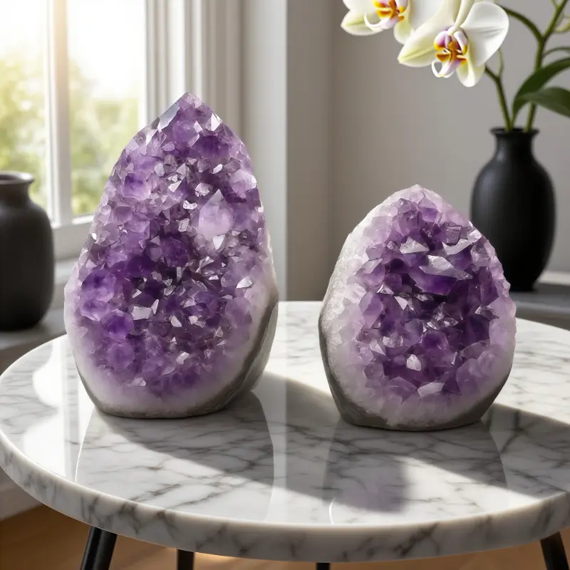 Modern entryway styling with amethyst geode on marble console, demonstrating minimalist home decor