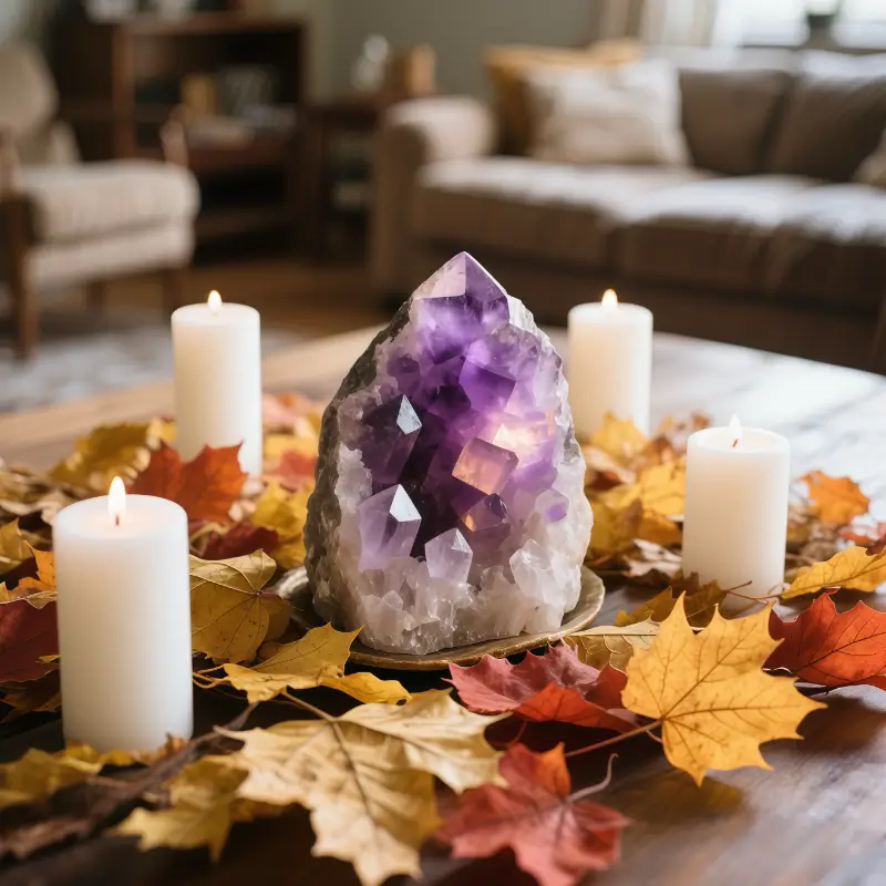 Seasonal home decor featuring amethyst geode as natural centerpiece with autumn elements