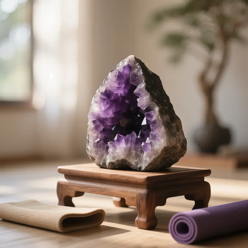 Natural amethyst geode in peaceful home meditation space with morning light enhancing crystal facets