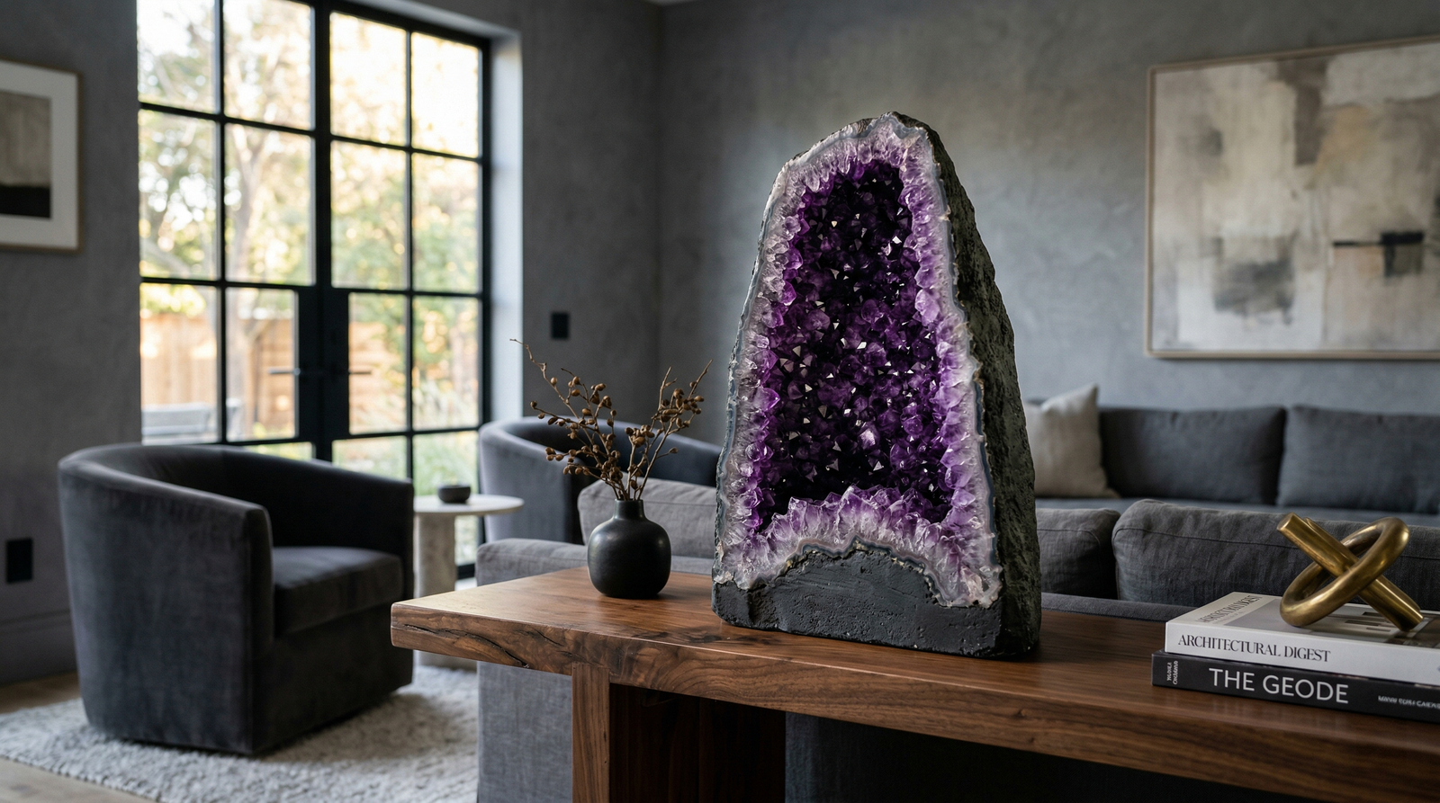 Large authentic amethyst geode displayed on a wooden table in a living room for wealth feng shui.