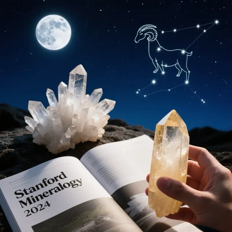 Natural quartz cluster under Capricorn full moon with scientific journal about crystal properties