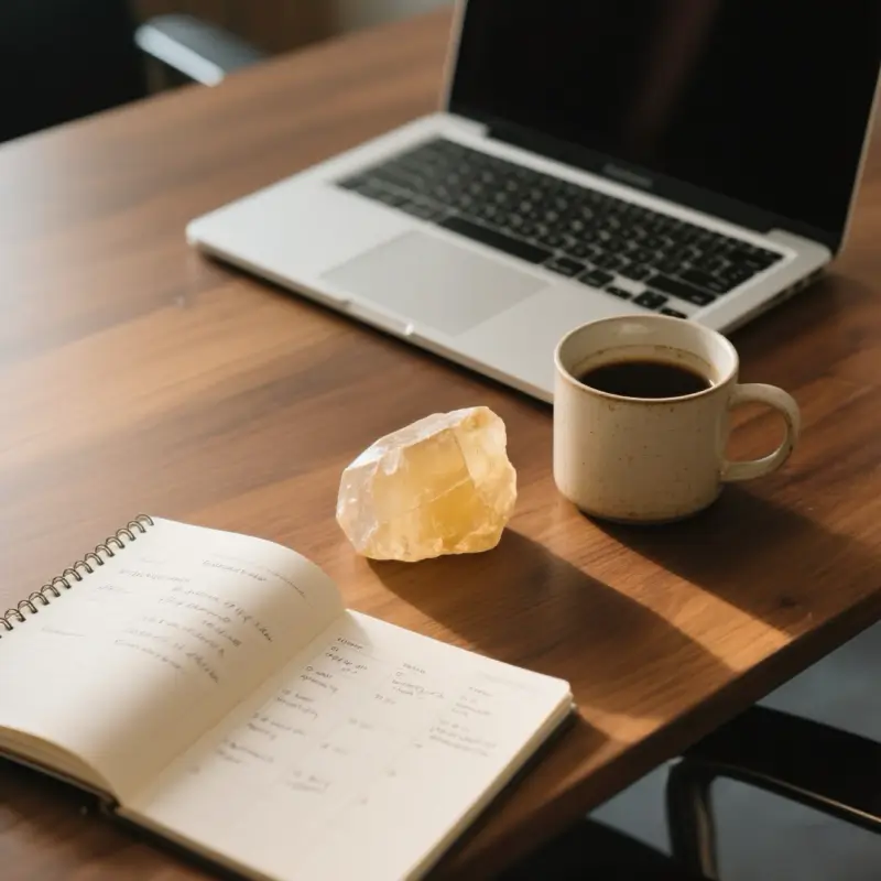 Raw citrine crystal on wooden office desk for career focus