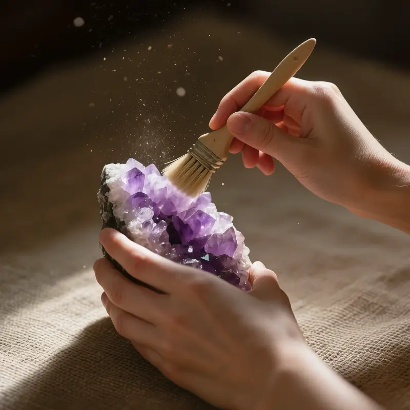Proper technique for dusting amethyst geode crystals using soft bristle brush