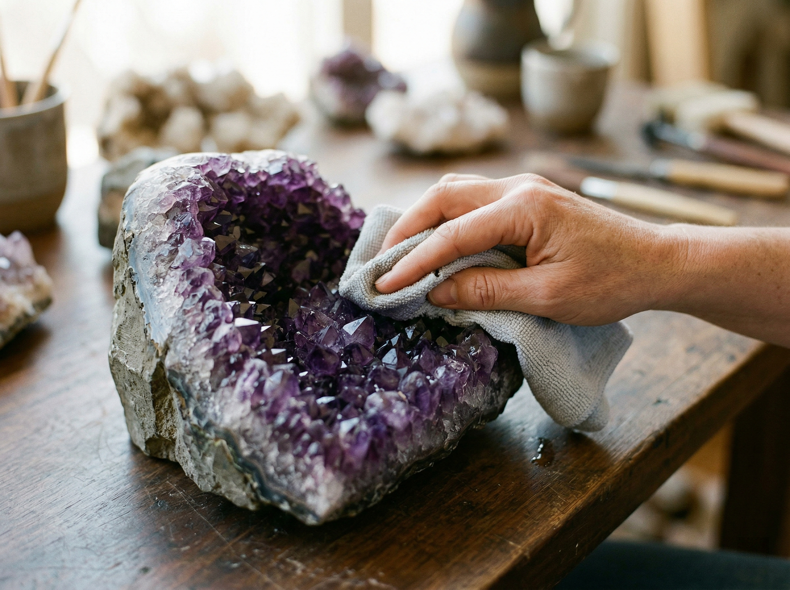 Person gently wiping an authentic amethyst geode with a damp microfiber cloth for safe maintenance.