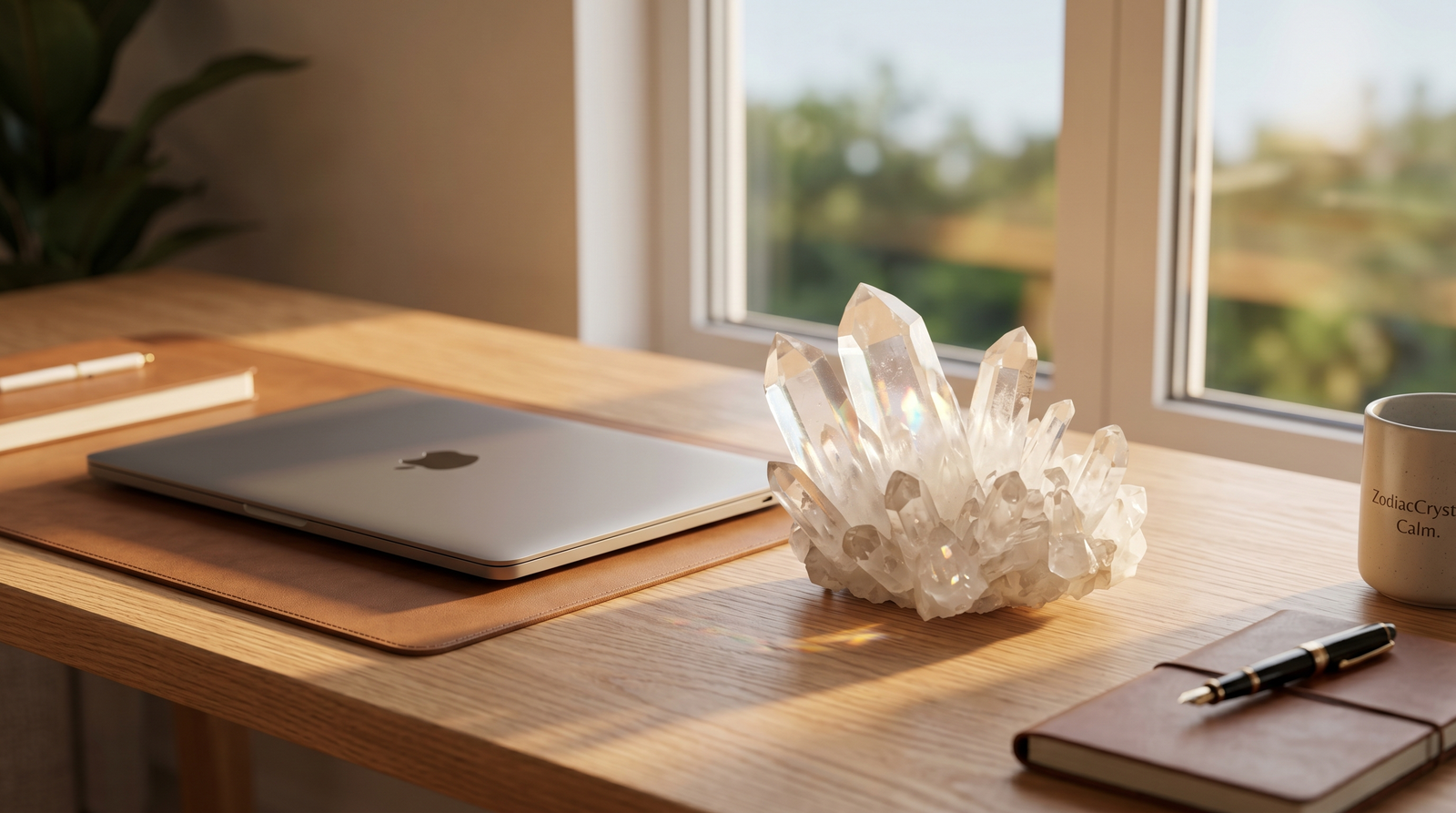 A beautiful clear quartz crystal cluster on a modern desk to clear brain fog and digital burnout.